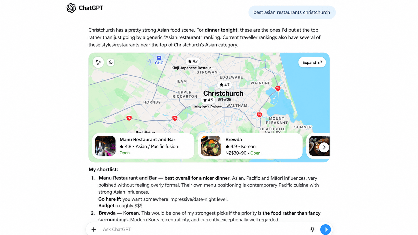 Example of an AI-assisted local restaurant search in ChatGPT showing a map and recommended businesses in Christchurch.