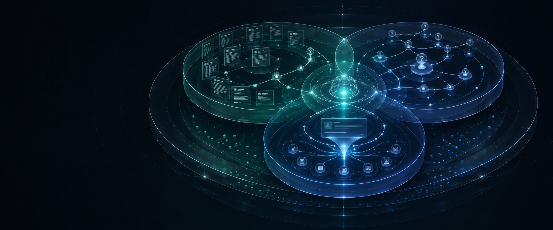 Three overlapping search discovery systems sharing one underlying business information and content foundation.