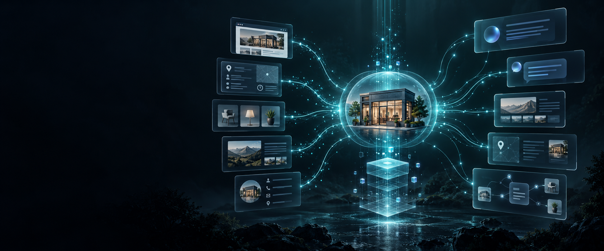 A real small business represented through connected digital information flowing into AI-assisted discovery environments.