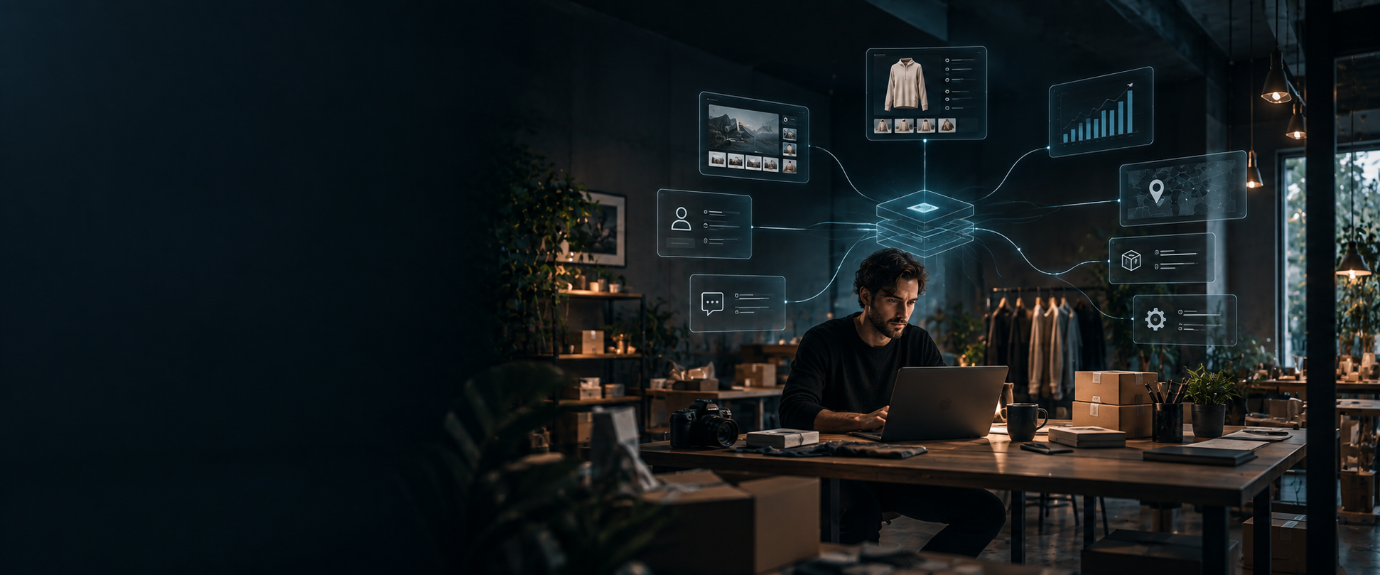 A small business workspace surrounded by a subtle connected intelligence layer linking products, customers, workflows and operations.