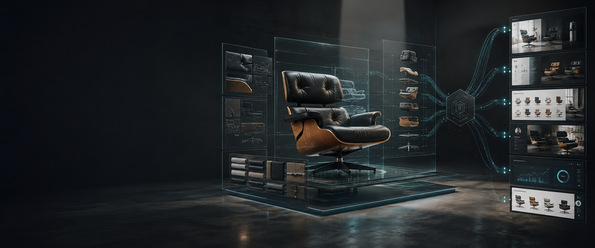A premium running shoe moving through a connected product-content system toward multiple digital publishing destinations.