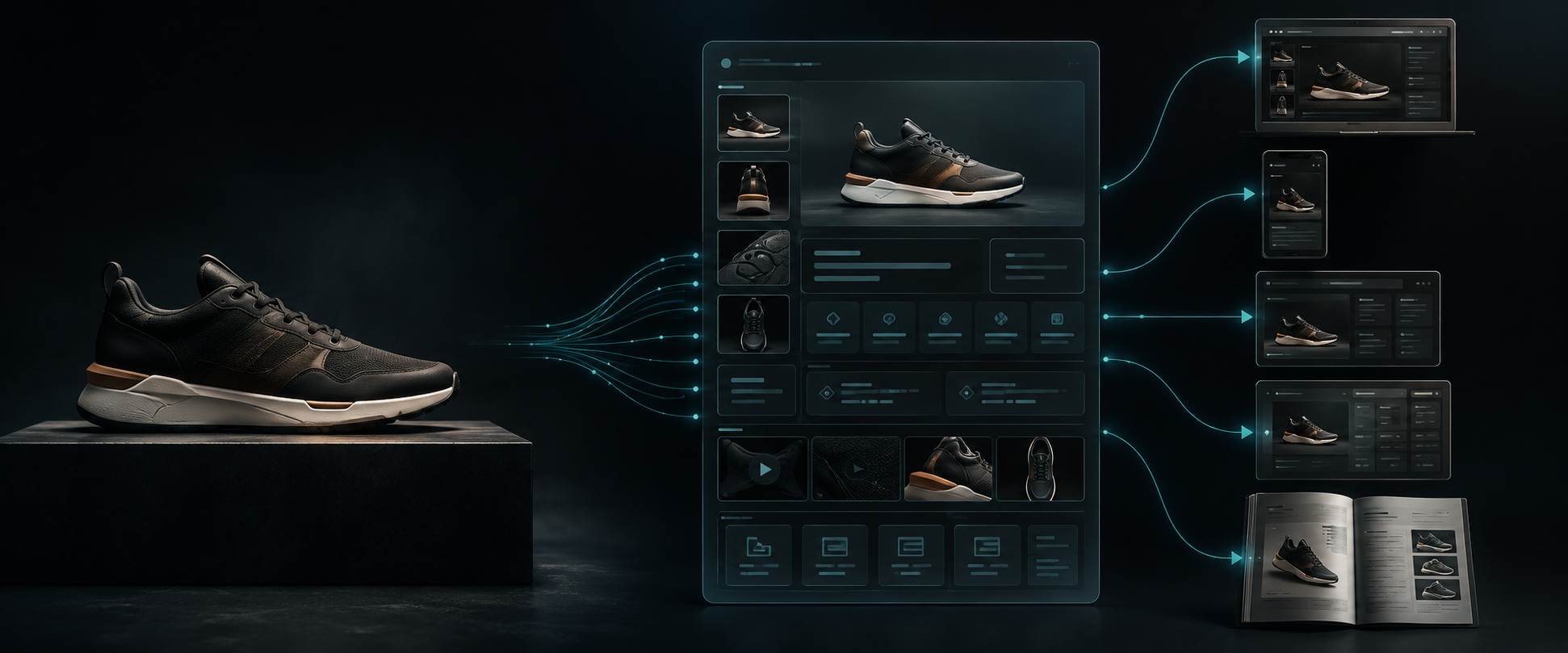 A product moving through connected product information, content, metadata and publishing systems.