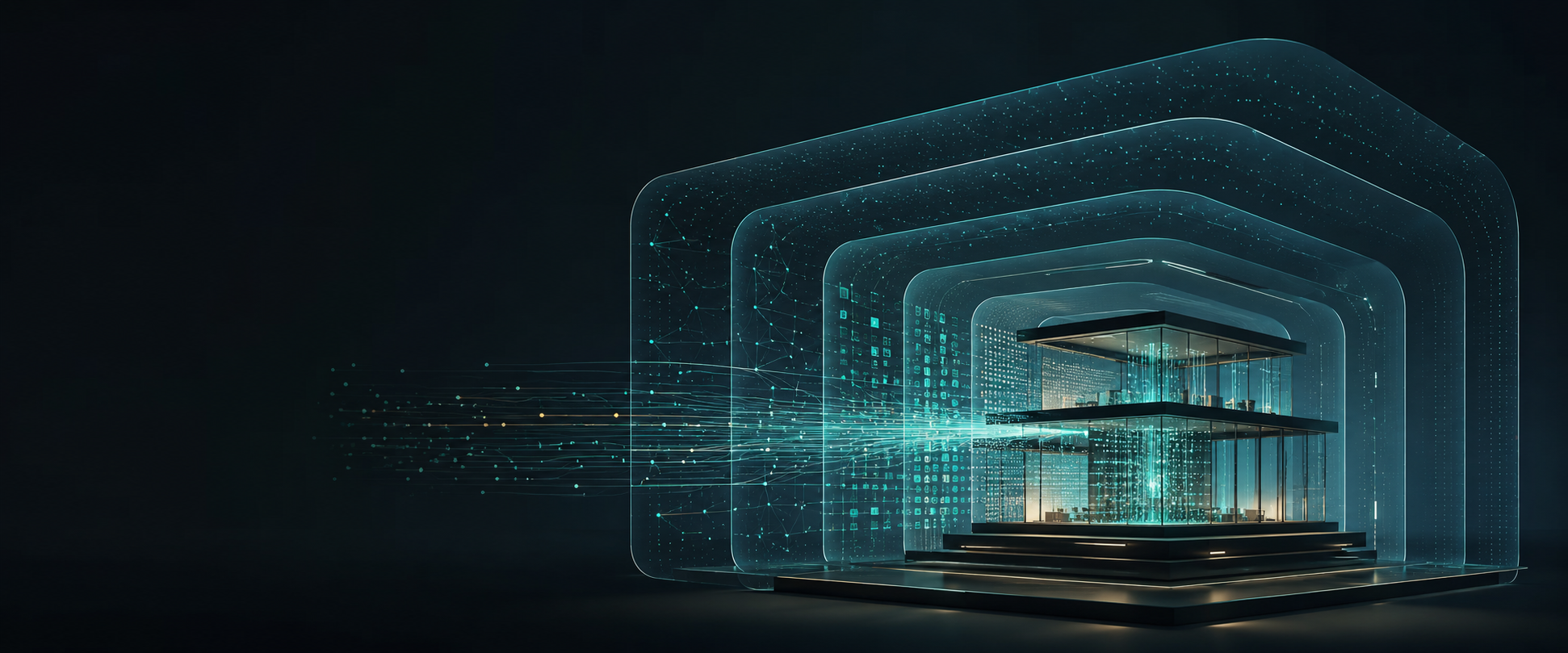A modern business building passing through layered website and machine-readiness architecture.
