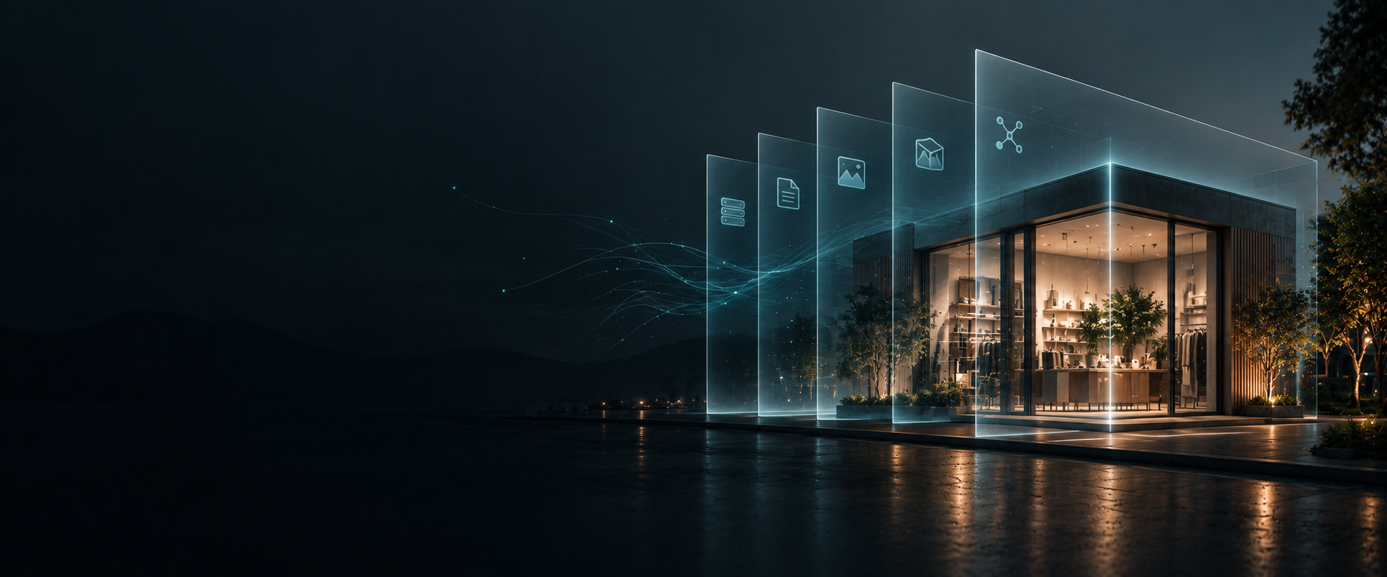 A modern business building surrounded by transparent technical layers representing website accessibility, structure and machine understanding.