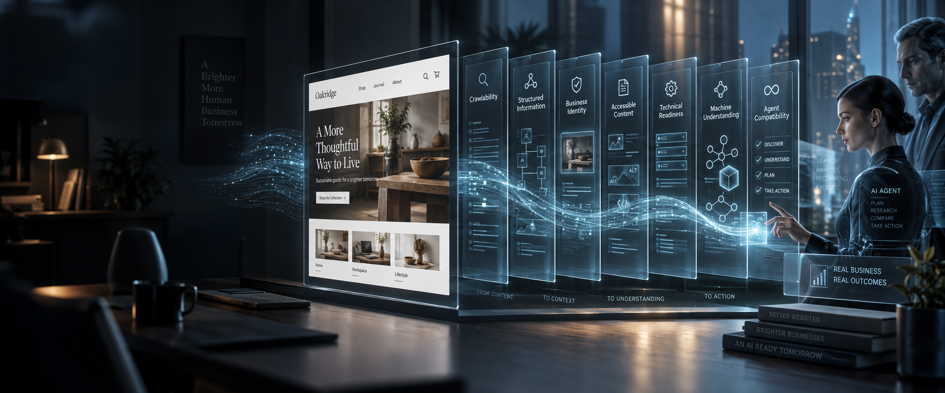 A modern website represented through structured information and machine-readable intelligence layers.