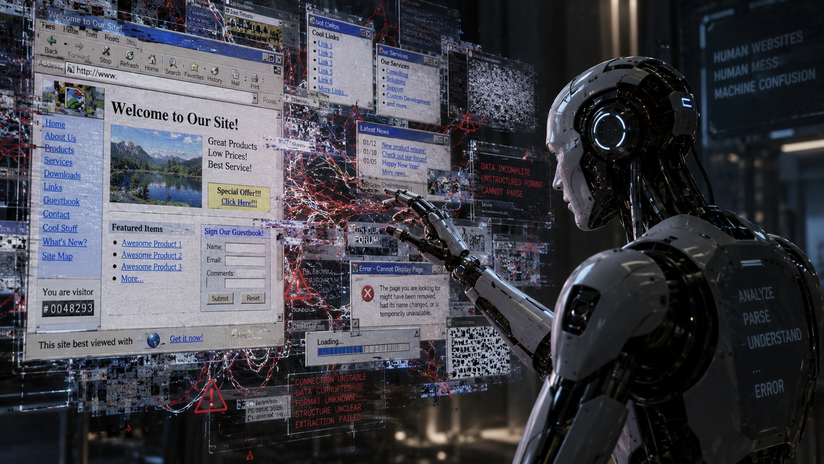 An AI agent attempting to interpret a legacy website with unclear structure and difficult-to-extract information.